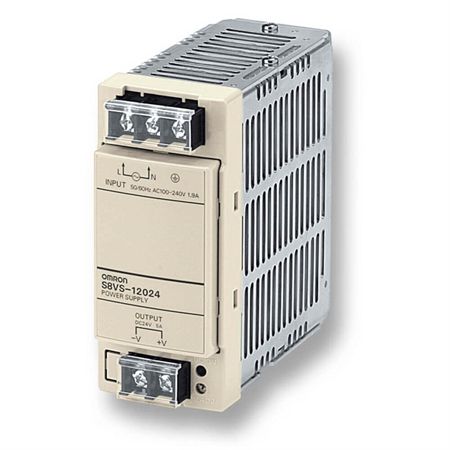 Omron S8VS-12024 Power supply, 120 W, 100-240 VAC input, 24 VDC, 5 A output, DIN rail mounting, basic model